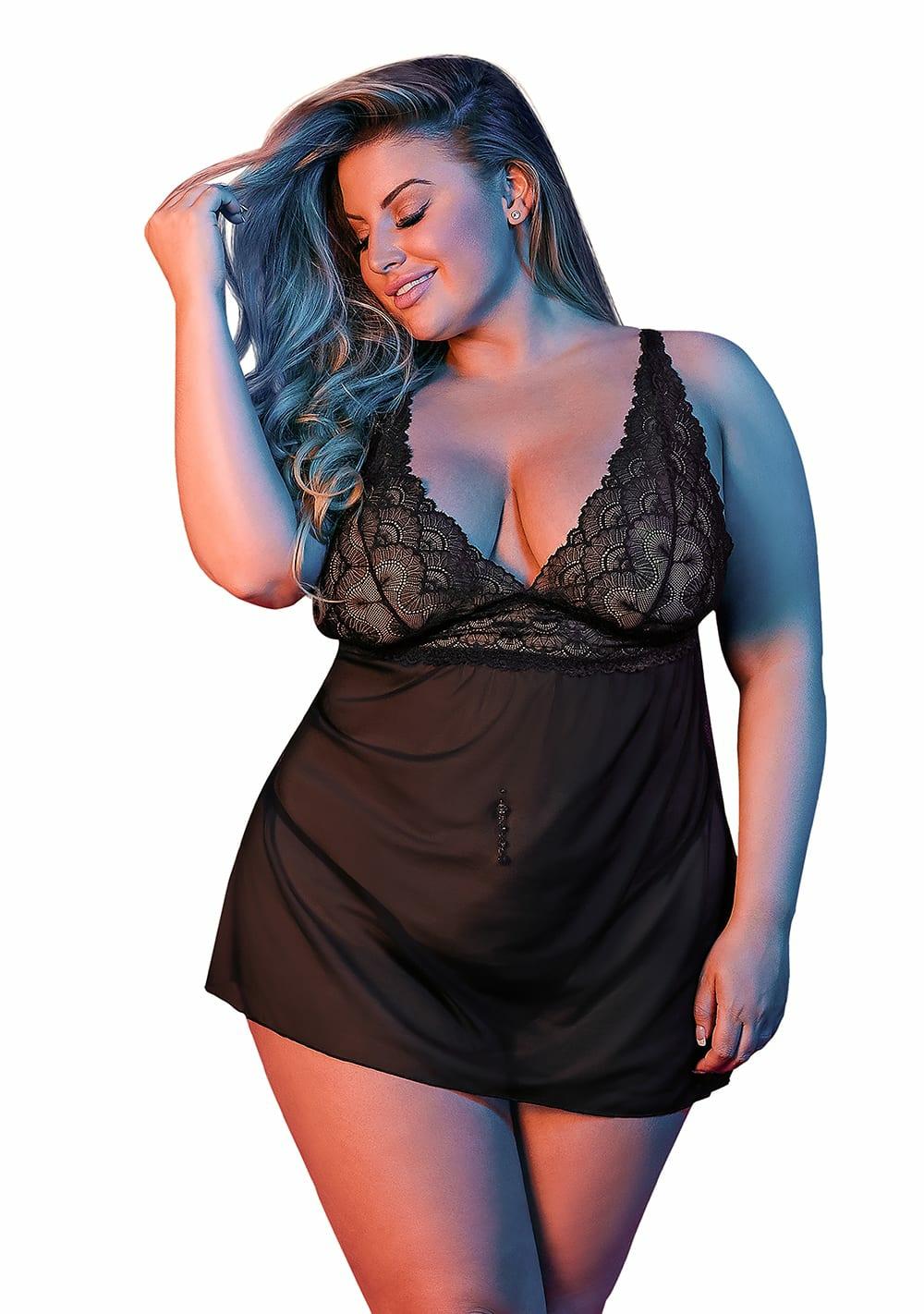 Babydoll With Fly Away Back And G-String Set – Queen Size Babydoll & Chemise Black