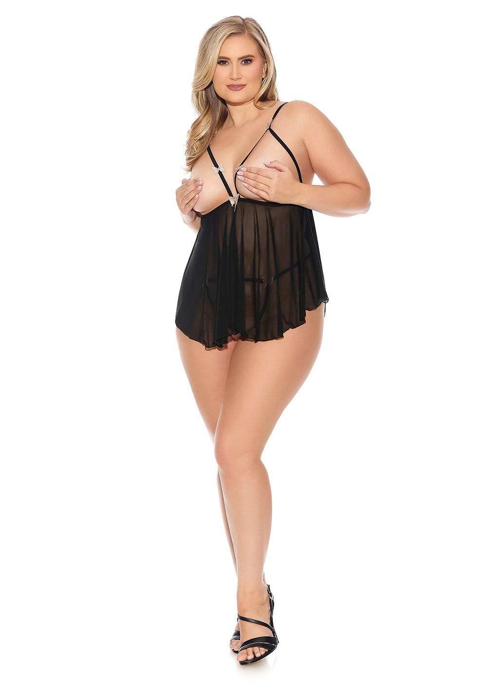 Cupless Babydoll And Open Thong – Plus Size Babydoll & Chemise Black