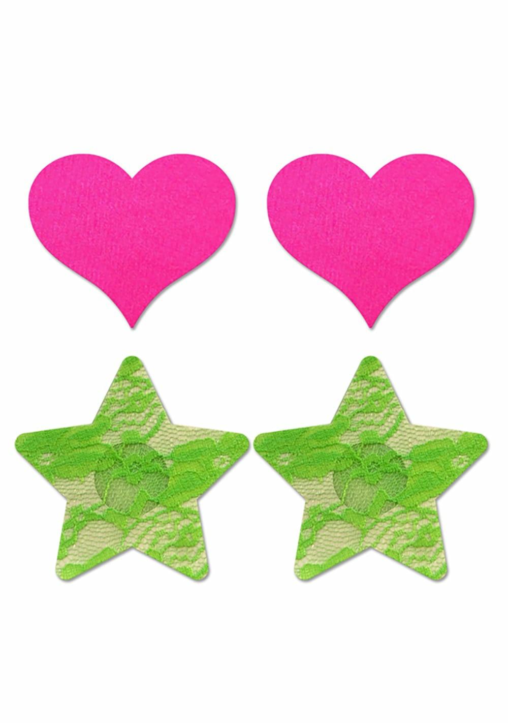 Fashion Pasties Set – Neon Pink Satin Heart / Neon Green Lace Star Body Adornment