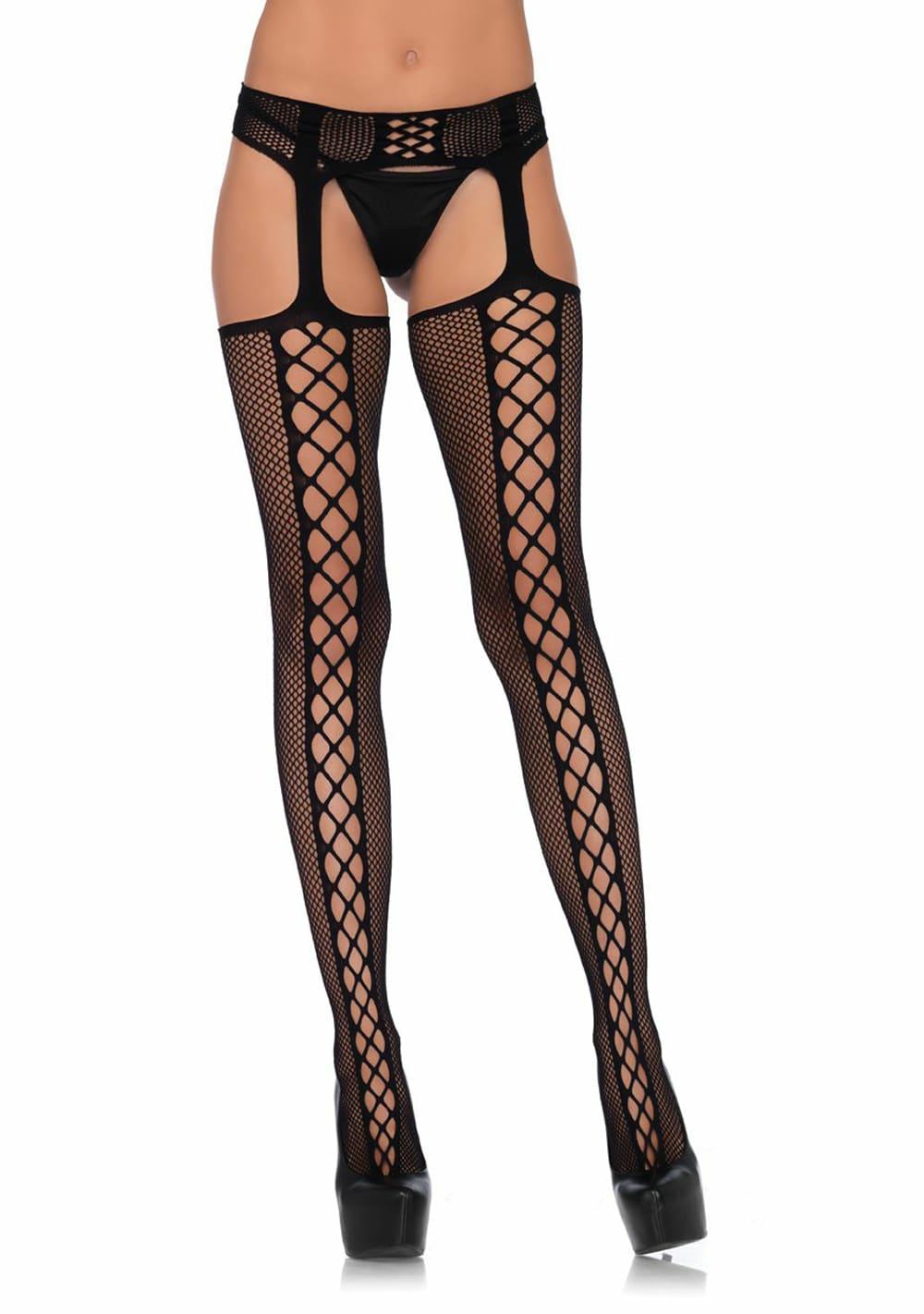 Faux Lace Up Dual Net Backseam Stockings With Attached Garterbelt Hosiery Black