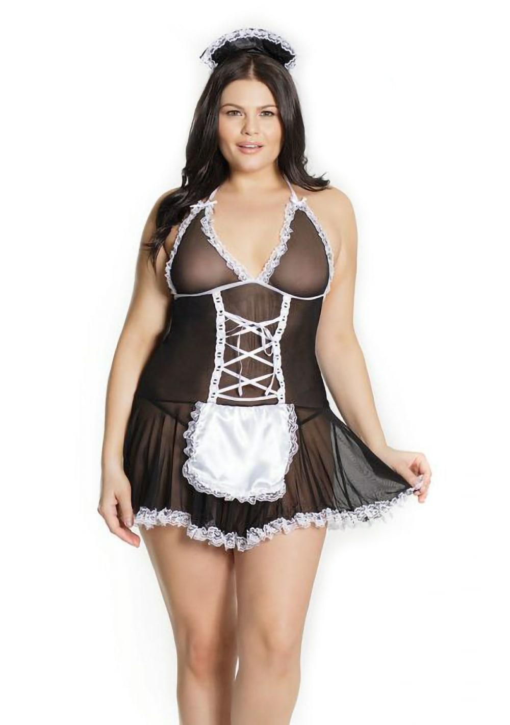 French Maid Chemise With Attached Apron And Headpiece – Queen Size Bedroom Costumes Black