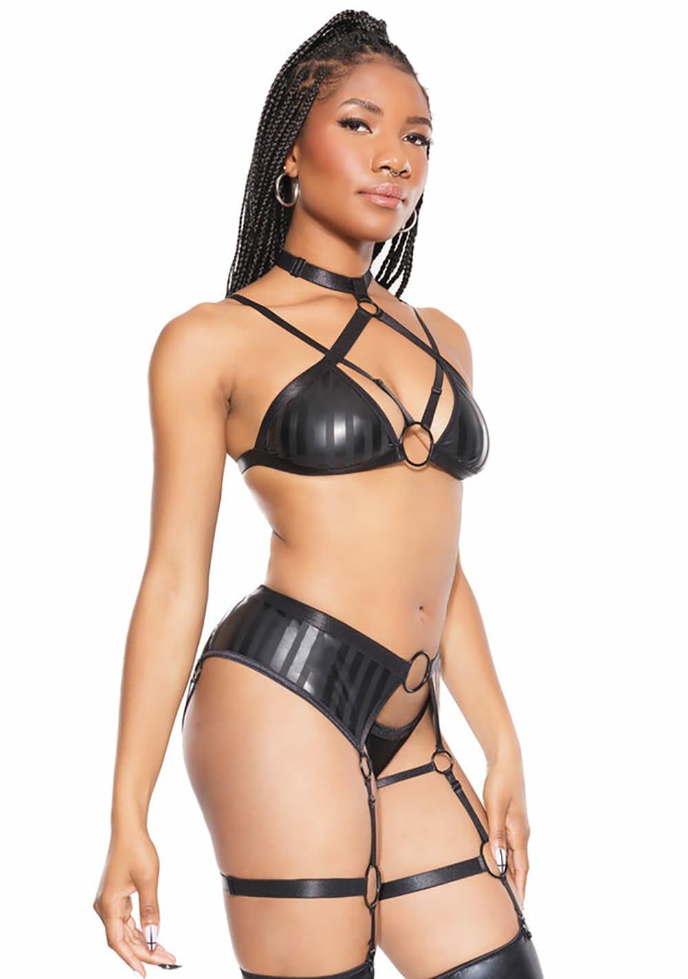 Halter Top And Crotchless Garter Panty Set Lingerie Black