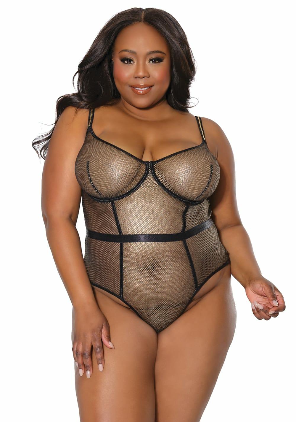 Holiday Metallic Fishnet Teddy – Plus Size Lingerie Black