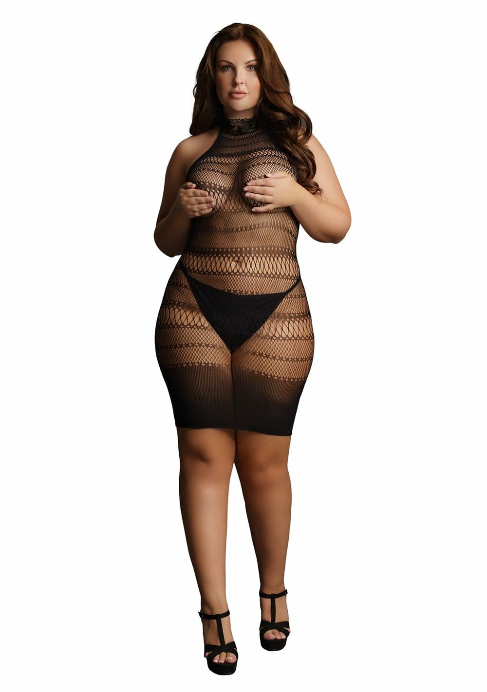 Le Desir High Lace Neck Net Mini Dress – Queen Size Lingerie Black