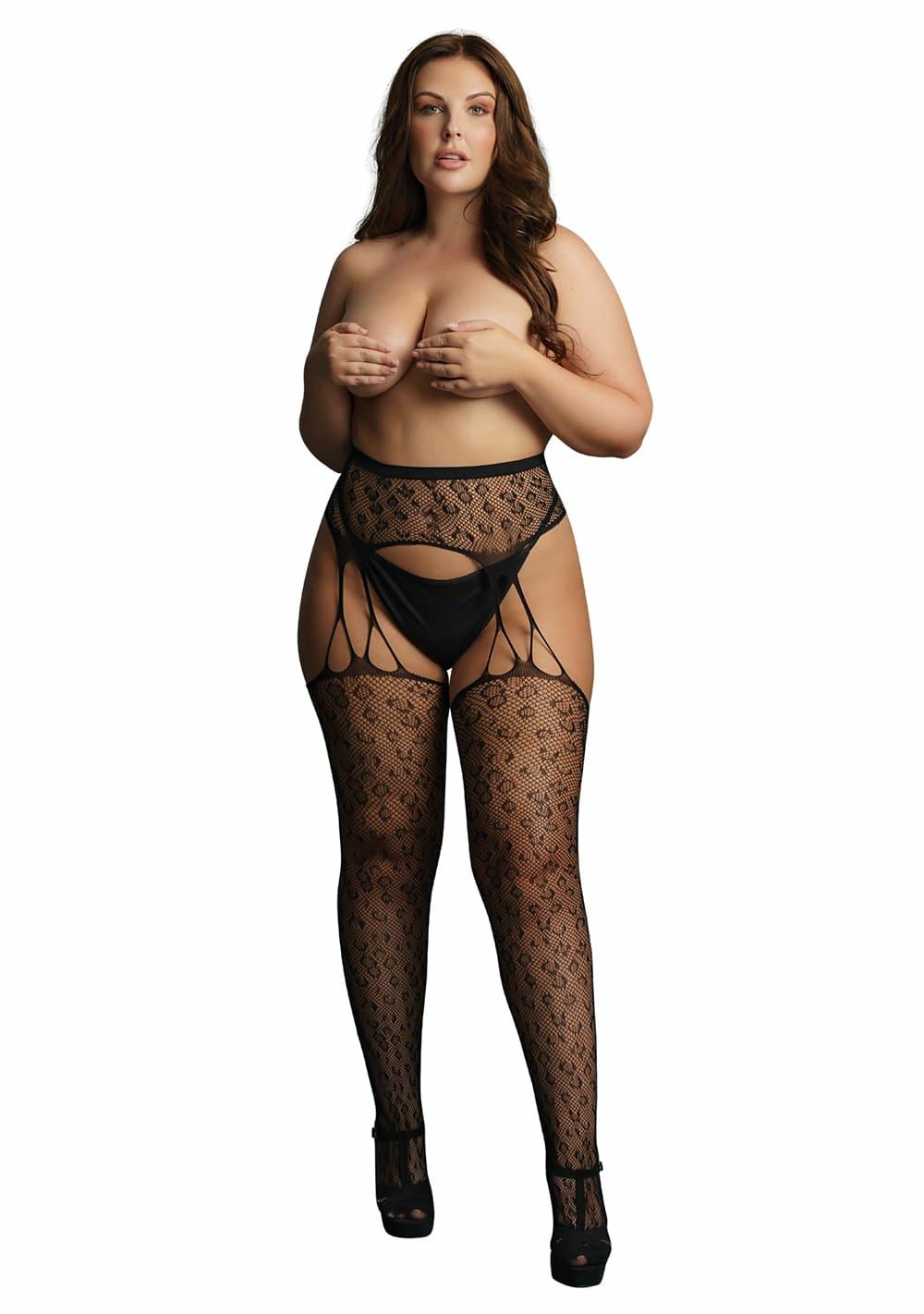 Le Desir Suspender Leopard Pantyhose – Queen Size Hosiery Black