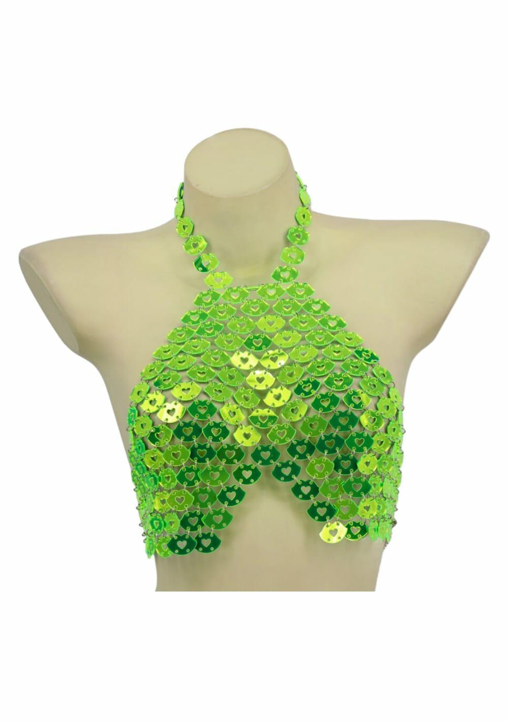 Neon Green Lips Chain Bra With Center Hearts Lingerie