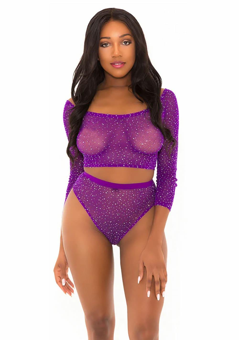 Rhinestone Crop Top With Matching Panty Lingerie Purple