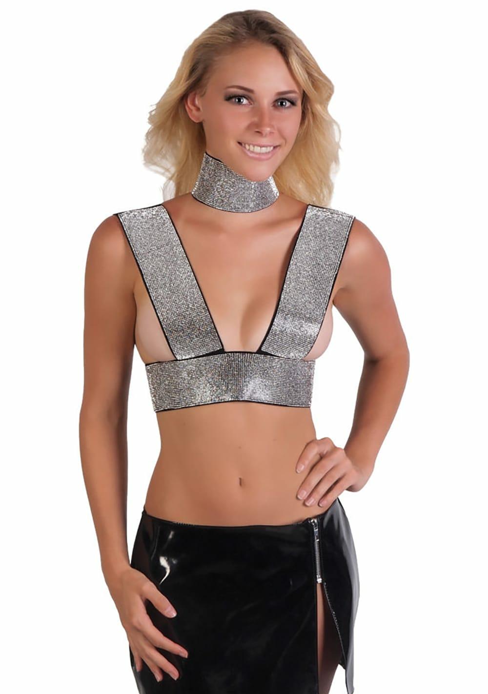 Rhinestone Halter Top With Choker Lingerie