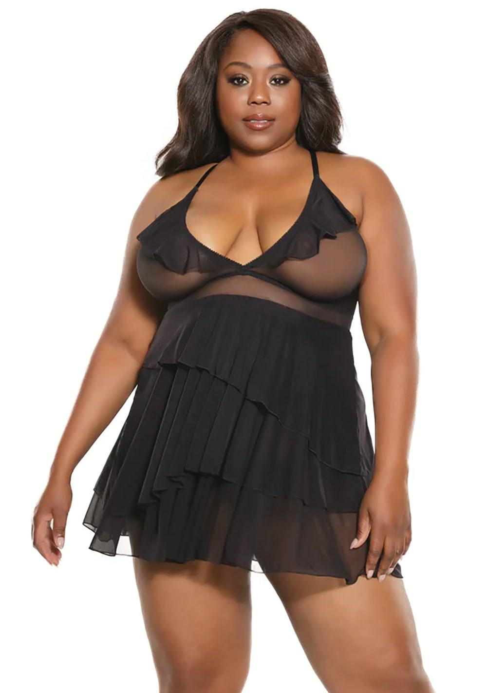 Ruffled Mesh Babydoll And G-String – Queen Size Babydoll & Chemise Black