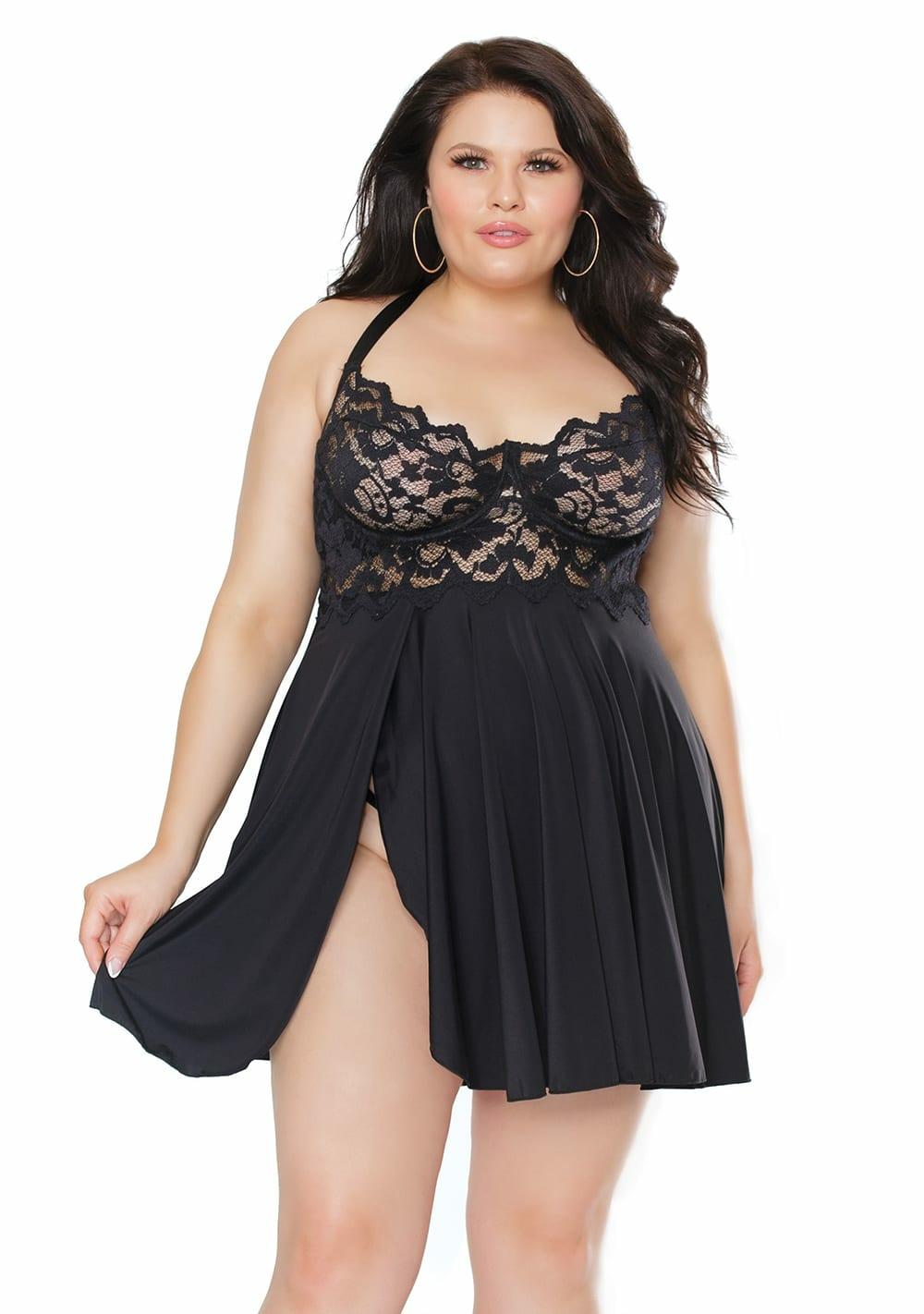 Scallop Stretch Lace Babydoll & G-String Set – Plus Size Lingerie Black