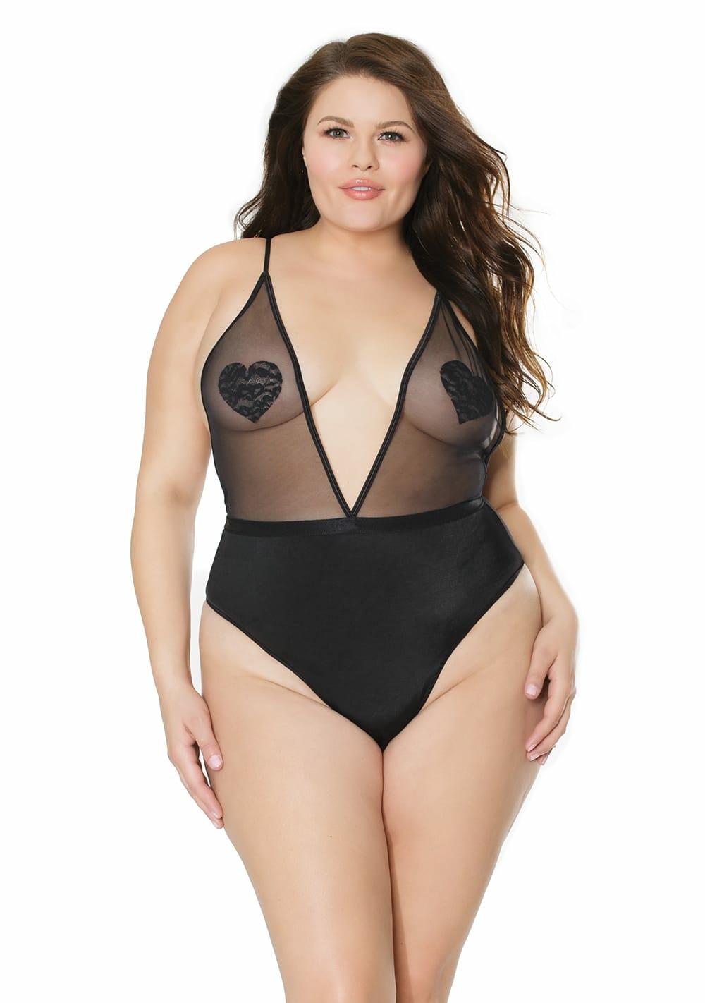 Sheer Crotchless Teddy – Queen Size Lingerie Black