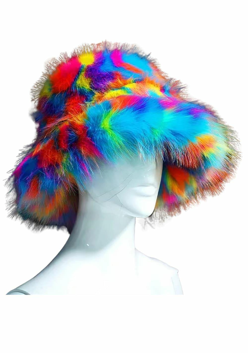 Splatter Rainbow Faux Fur Bucket Hat Body Adornment