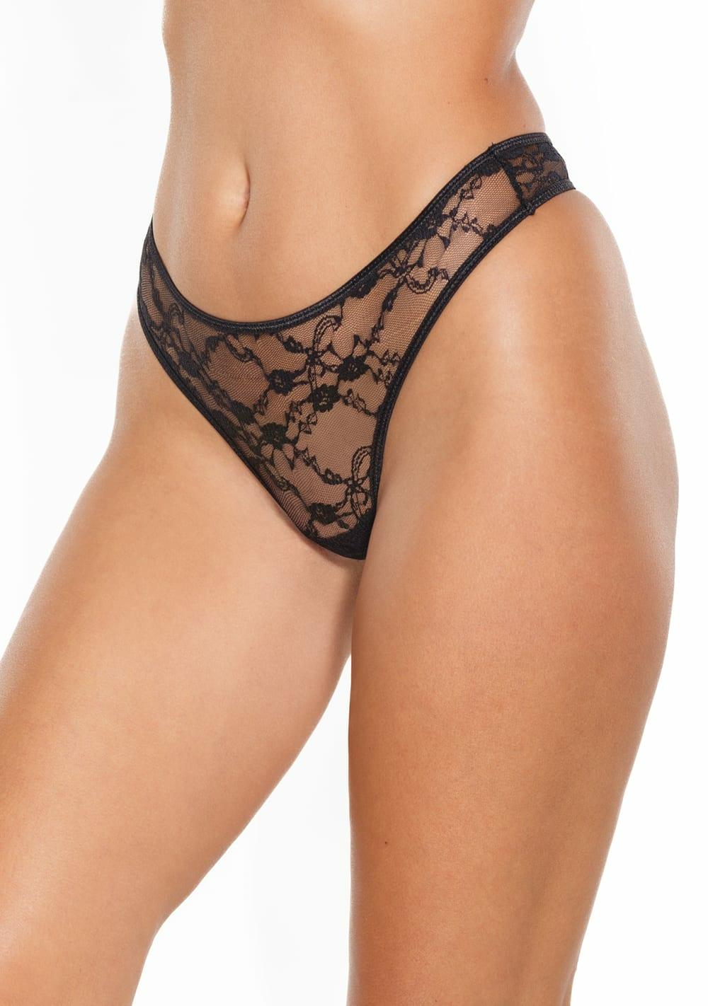 Stretch Lace High Leg Thong Lingerie Black