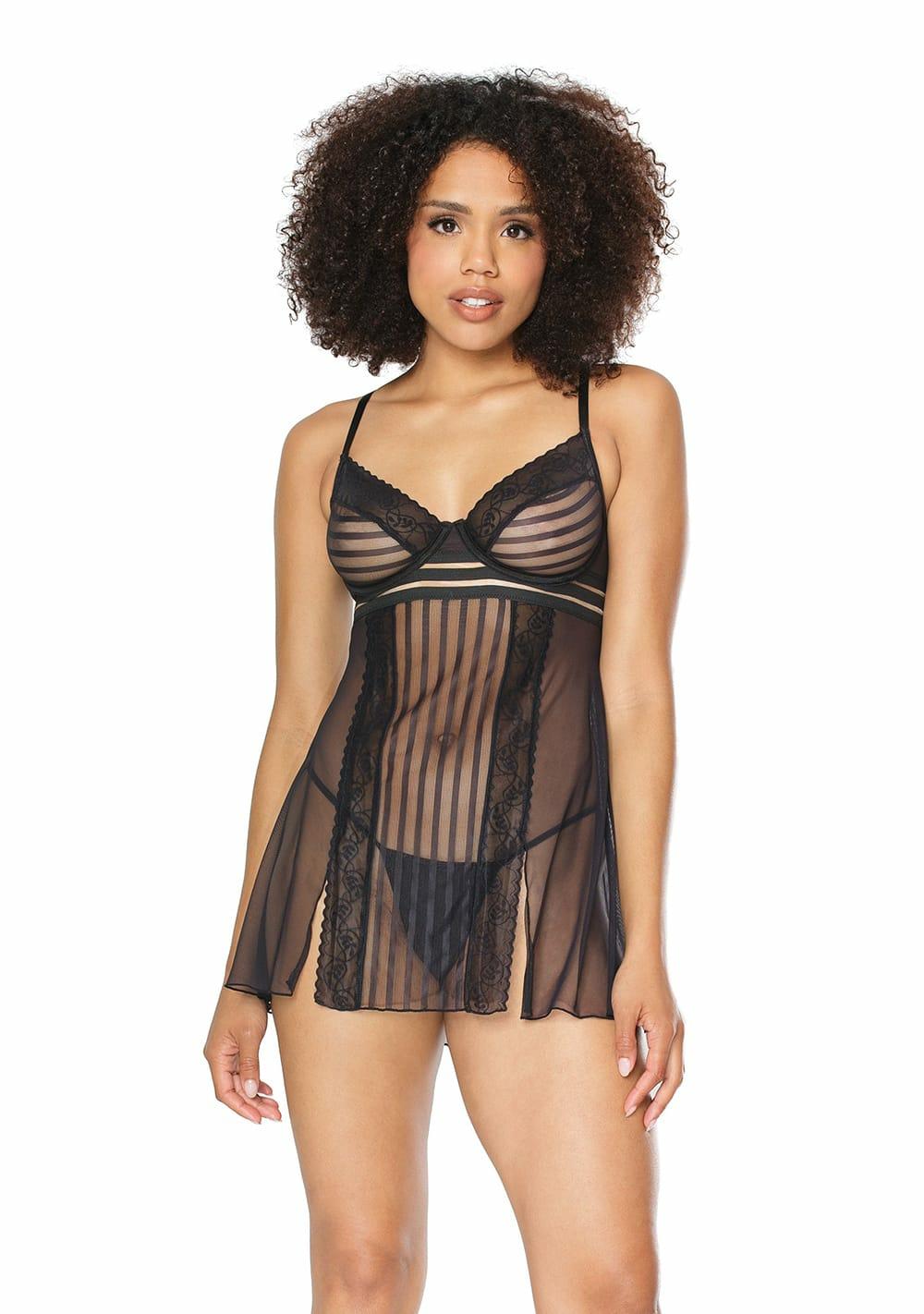 Striped Mesh Babydoll And G-String Set Lingerie Black