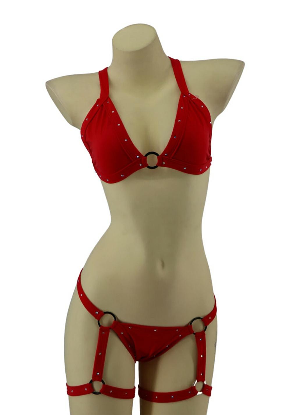 Studded 2-Piece Bikini With Garter Lingerie Red