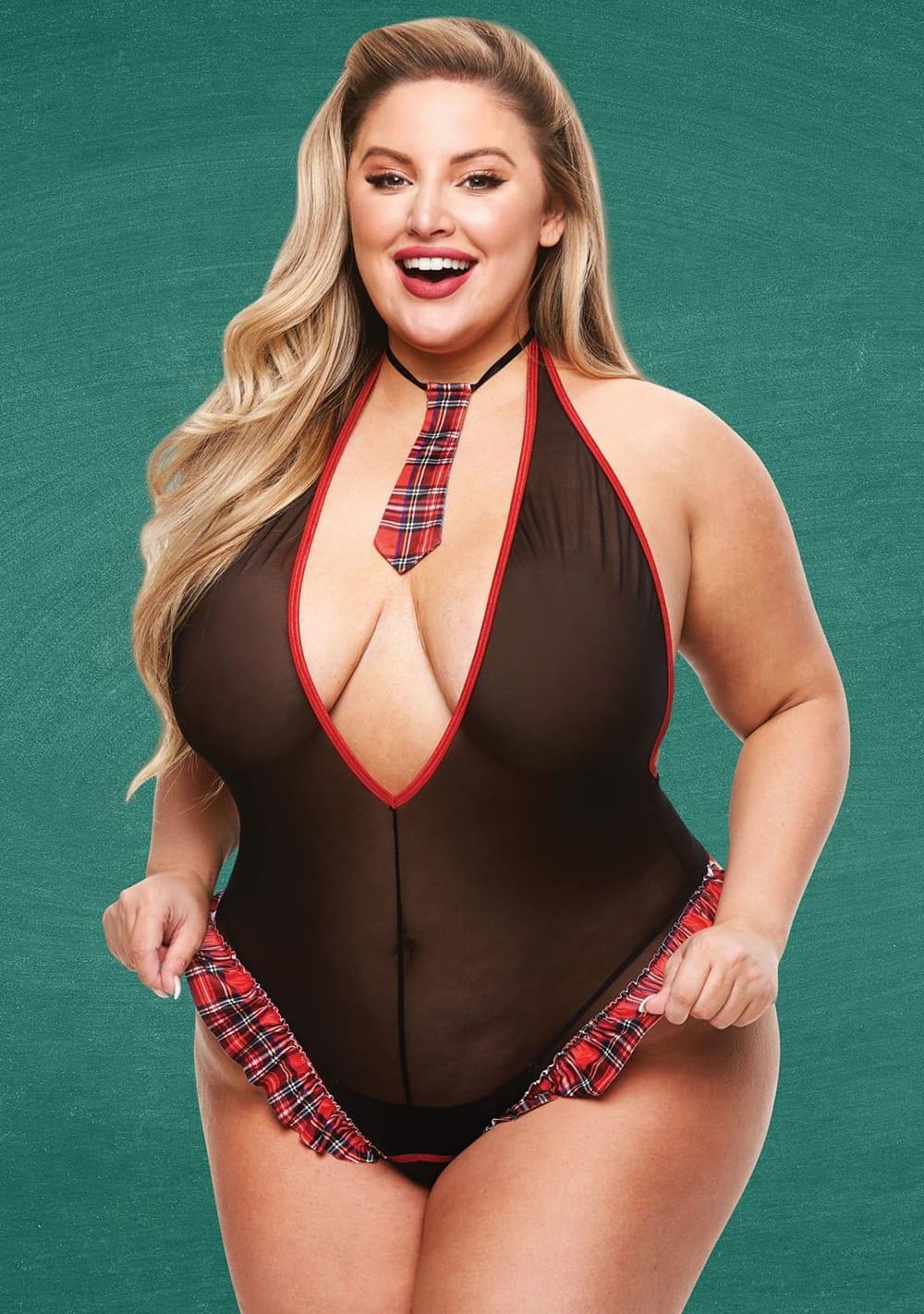 Teacher’s Pet Schoolgirl Crotchless Teddy – Queen Size Lingerie Black