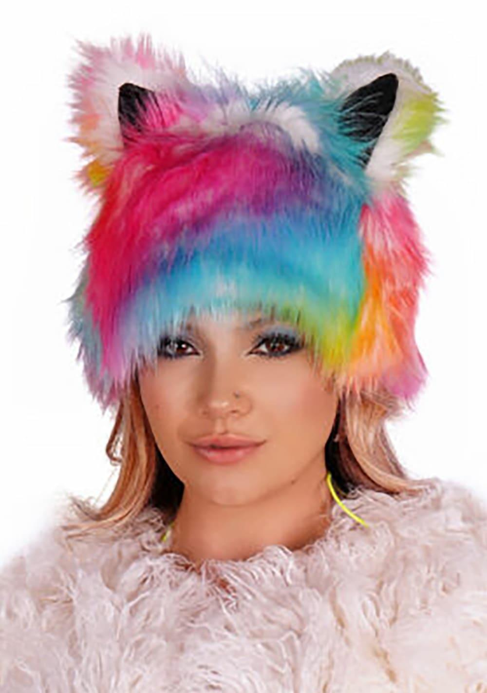 Tie Dye Rainbow Faux Fur Beanie Body Adornment