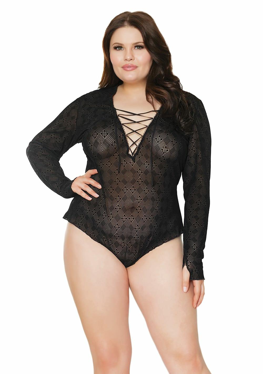 Velvet Mesh Romper – Queen Size Lingerie Black