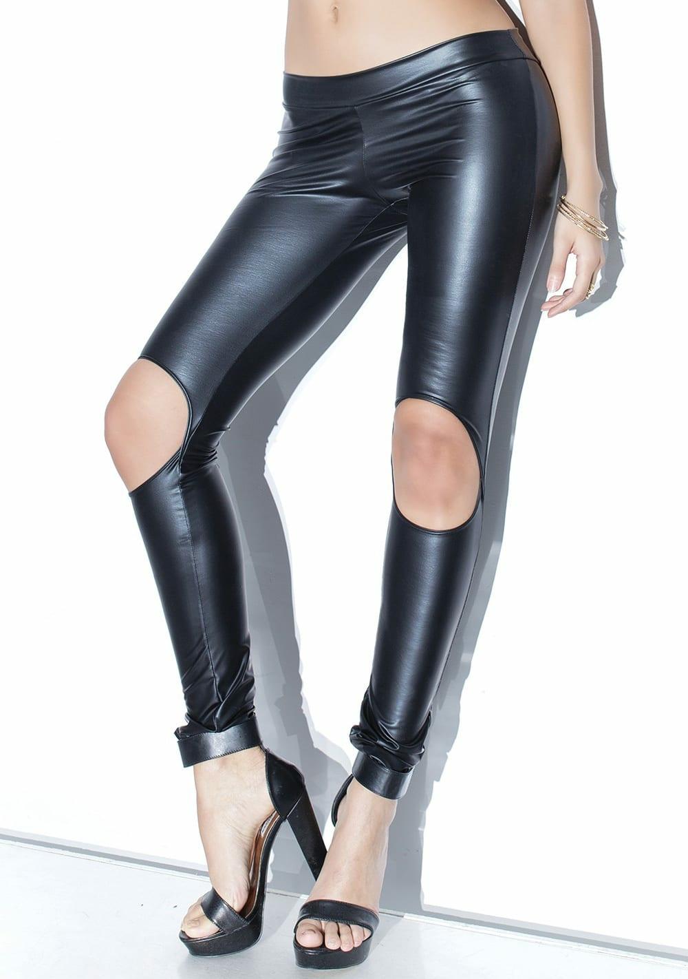 Wet Look Pant With Knee Cutouts Leather & Latex Black